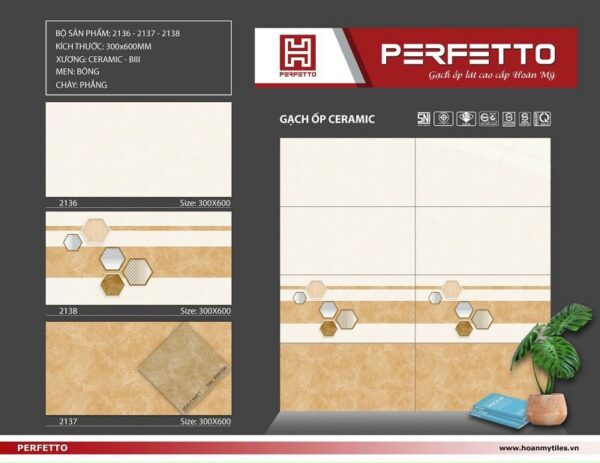 Gạch ốp lát 30x60cm Hoàn Mỹ Perfetto vân đá vàng 2136-2137